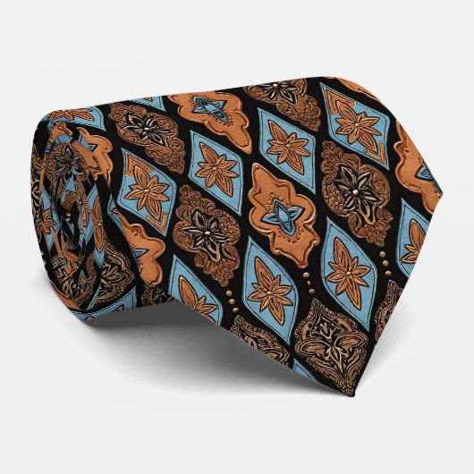 Cravate Faux Occidental Tan en cuir et Turquoise (Roulé)