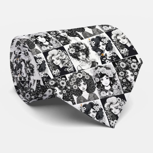 Cravate Femmes Whimsical en noir et blanc (Roulé)