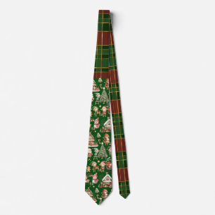 Cravate Festif Rouge Vert Tartan Elfes de Noël Père Noël