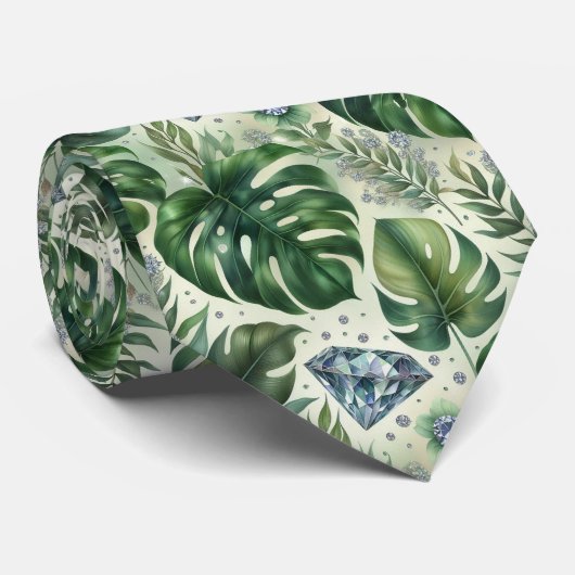 Cravate Feuillage tropical aquarelle avec diamants (Roulé)