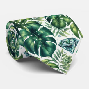 Cravate Feuillage tropical aquarelle avec diamants