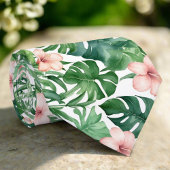 Cravate Feuillage tropical vert Hibiscus rose Fleurs Art