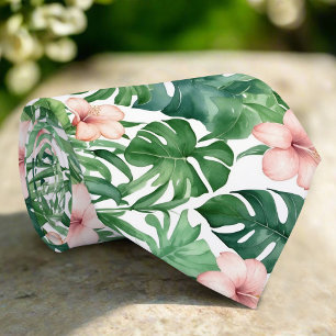 Cravate Feuillage tropical vert Hibiscus rose Fleurs Art