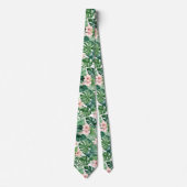 Cravate Feuillage tropical vert Hibiscus rose Fleurs Art (Devant)