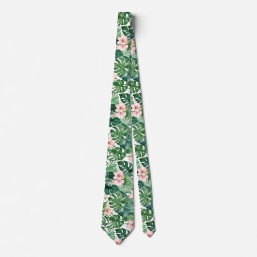Cravate Feuillage tropical vert Hibiscus rose Fleurs Art (Devant)