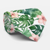 Cravate Feuillage tropical vert Hibiscus rose Fleurs Art (Roulé)