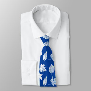 Cravate Feuilles d'automne - blanc et bleu cobalt