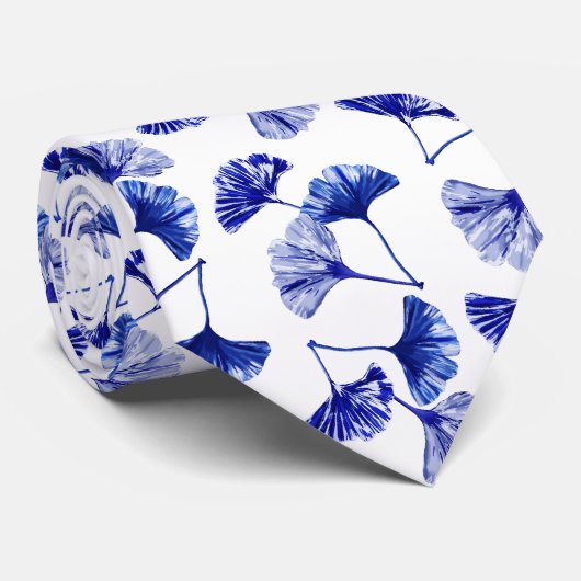 Cravate Feuilles de gingko bleu et blanc (Roulé)
