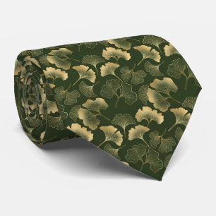 Cravate Feuilles de Ginkgo dorées élégantes Vert émeraude