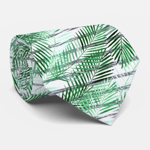 Cravate Feuilles de palme sur fond rayé noir et blanc