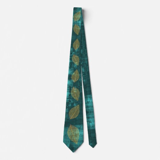 Cravate Feuilles d'or sur look Turquoise Blue Satin (Devant)