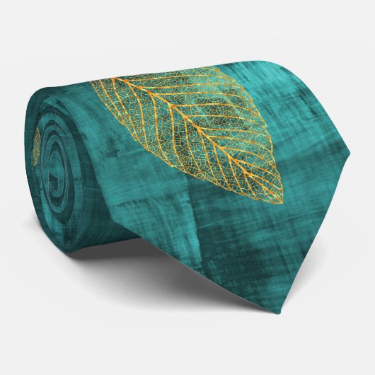 Cravate Feuilles d'or sur look Turquoise Blue Satin (Roulé)