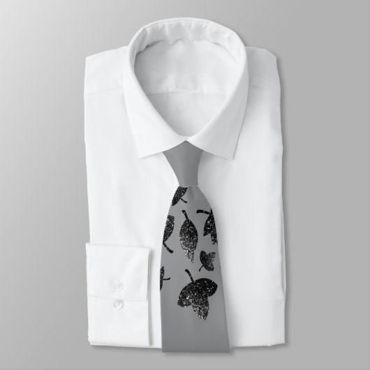 Cravate Feuilles gris brillant en argent automne motif d'a (Attaché)