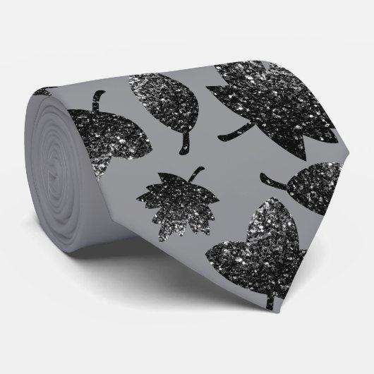 Cravate Feuilles gris brillant en argent automne motif d'a (Roulé)