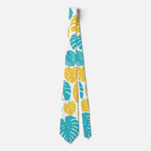 Cravate Feuilles Monstera en Turquoise, Jaune et Blanc