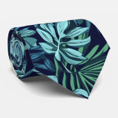 Cravate Feuilles tropicaux et fleurs bleu vert (Roulé)