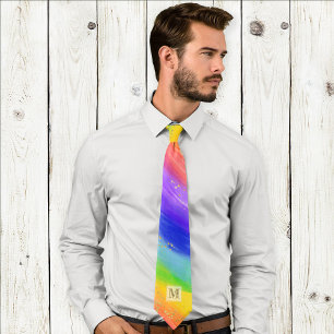 Cravate Fierté LGBTQ Aquarelle Rainbow Gold Monogramme