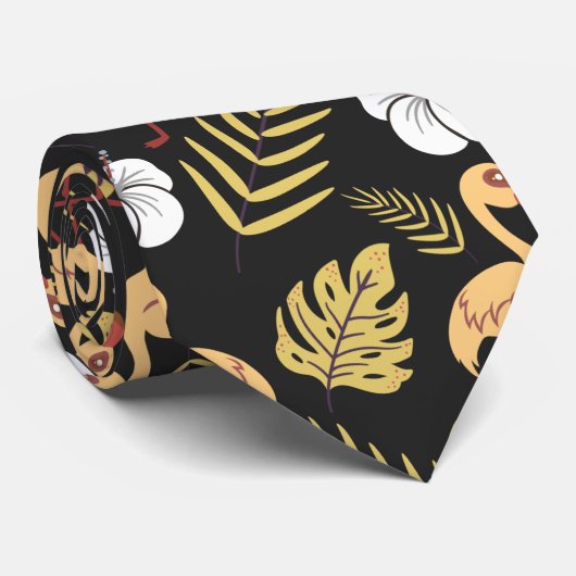 Cravate Flamant rose continu motif fleurs jaune et blanc (Roulé)