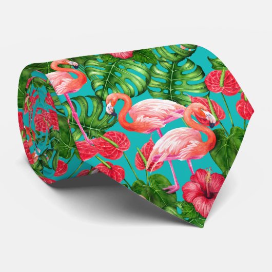 Cravate Flamant rose et aquarelle du jardin tropical (Roulé)