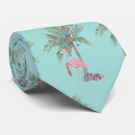 Cravate Flamant rose turquoise à Santa Hat avec Palm Tree (Roulé)