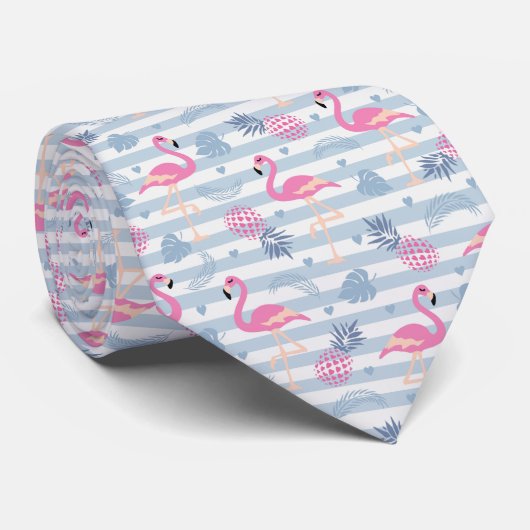Cravate Flamant rose Whimsical et Motif ananas (Roulé)