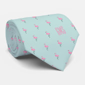 Cravate Flamants roses Monogramme Bleu clair (Roulé)