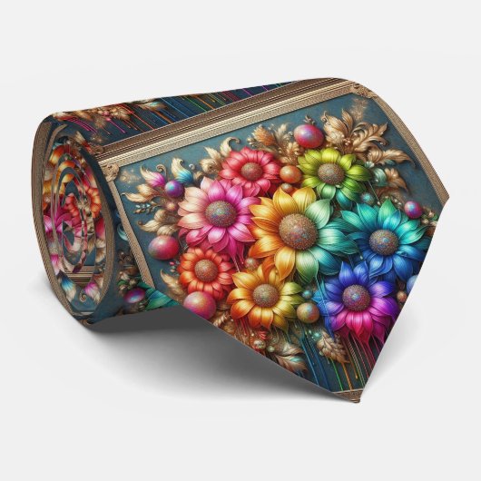 Cravate Flamboyant Neck Tie | Rainbow Flowers Faux Glitter (Roulé)