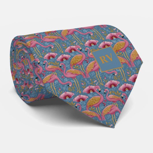 Cravate Flamingos with Gold Feathers on Blue (Roulé)