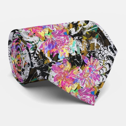 Cravate Fleur Abstraite et motif animal coloré (Roulé)