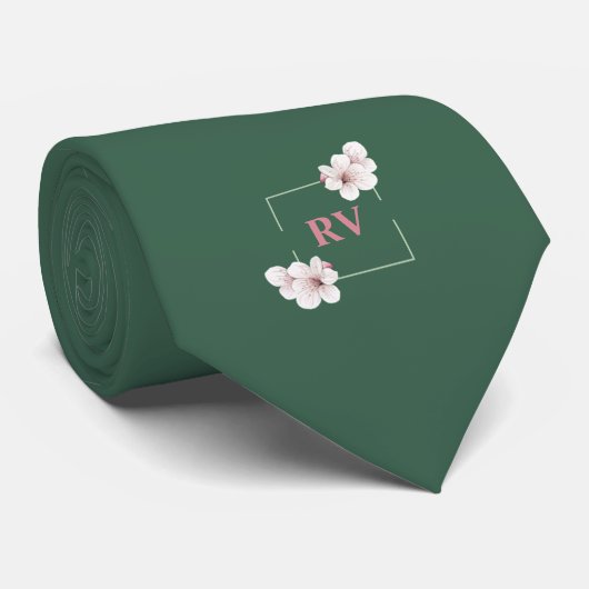 Cravate Fleur de cerisiers sauvages Monogrammes verts (Roulé)