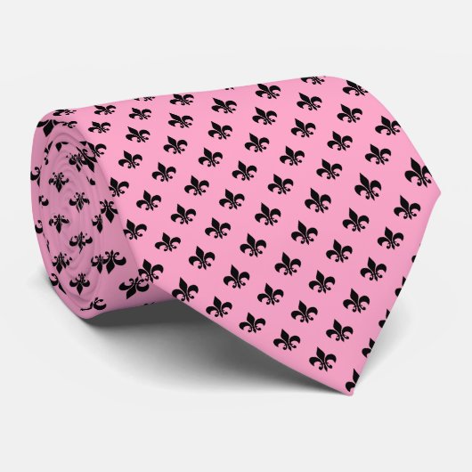 Cravate Fleur-de-lis noire moderne sur fond rose œillet (Roulé)