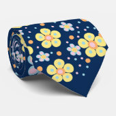 Cravate Fleur de marguerites. Jaune et rose D Bleu BG (Roulé)