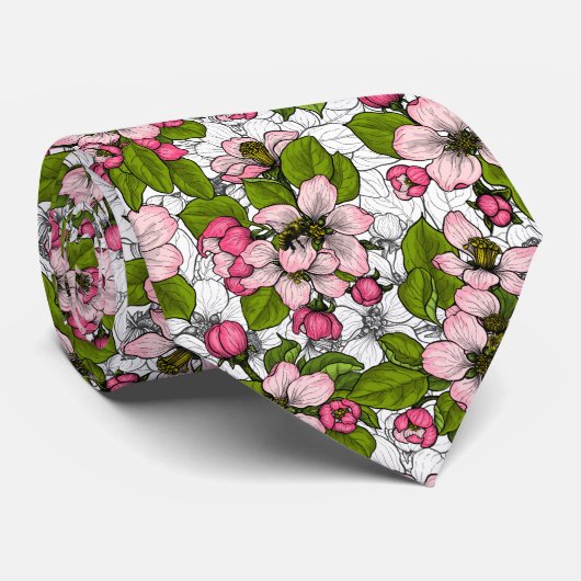 Cravate Fleur de pomme sur blanc (Roulé)