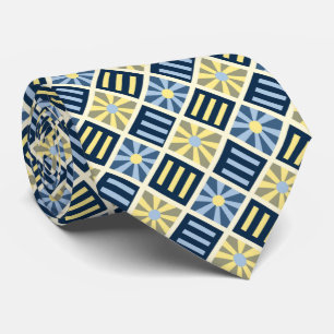 Cravate Fleur diamant Géométrique Bleu et Jaune Deux côtés