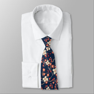 Cravate Fleur Japonaise Cerisier Rouge Marine