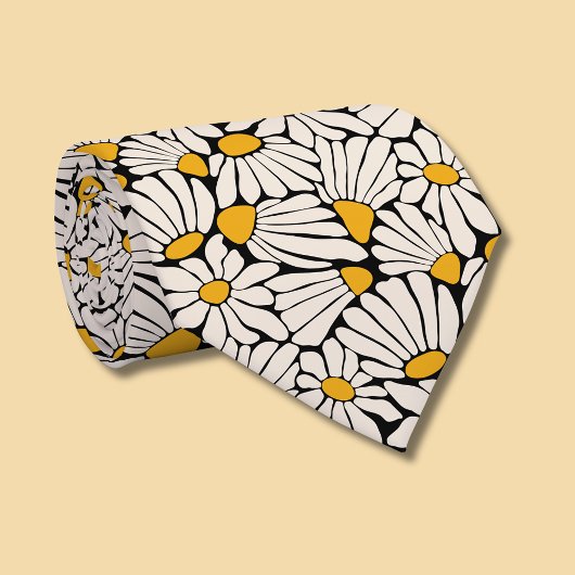 Cravate Fleur retro jaune moutarde crème noir