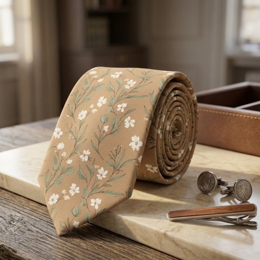 Cravate Fleur sauvage Tan Fleur délicate blanche & Feuille