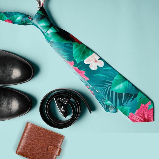 Cravate Fleur tropicale colorée et feuilles Eté