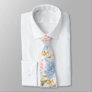 Cravate Fleurs à l'aquarelle Roses Bleu Poussiéreux Rose P