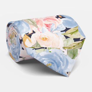 Cravate Fleurs à l'aquarelle Roses Bleu Poussiéreux Rose P