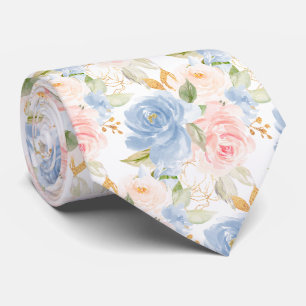 Cravate Fleurs à l'aquarelle Roses Bleu Poussiéreux Rose P