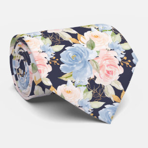 Cravate Fleurs à l'aquarelle Roses Bleu Poussiéreux Rose P