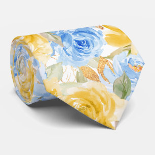 Cravate Fleurs à l'aquarelle Roses Jaunes Bleues