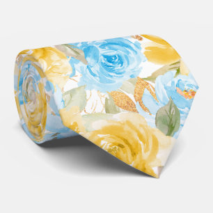 Cravate Fleurs à l'aquarelle Roses Jaunes Bleues