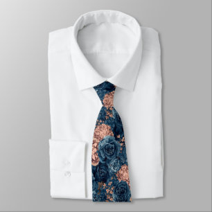 Cravate Fleurs à l'aquarelle Roses Navy Bleu Poussiéreux