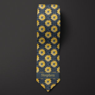 Cravate Fleurs Abstrait Jaune et Ardoise