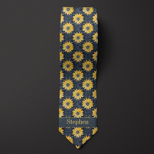Cravate Fleurs Abstrait Jaune et Ardoise