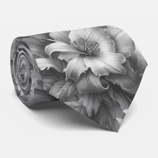 Cravate Fleurs Antiques Noir & Blanc Parfaites (Roulé)