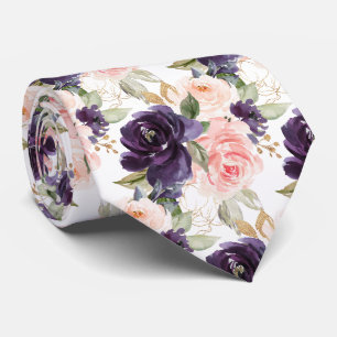 Cravate Fleurs Aquarelle Aubergine Roses Fardées Violettes