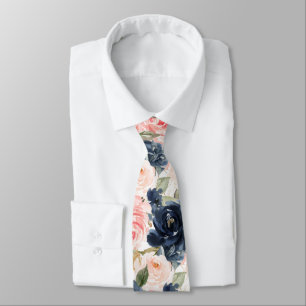 Cravate Fleurs aquarelle Roses roses bleu marine blush